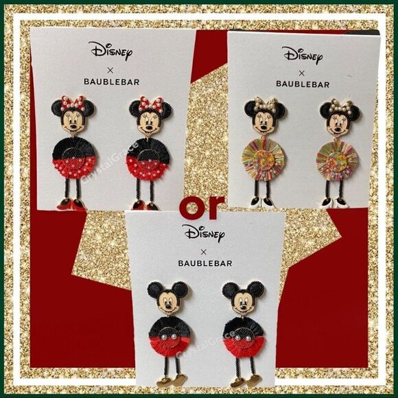 Disney x Baublebar Dangle Earrings Mickey / Minnie Body Fringe Ears Gift Holiday - Picture 1 of 15